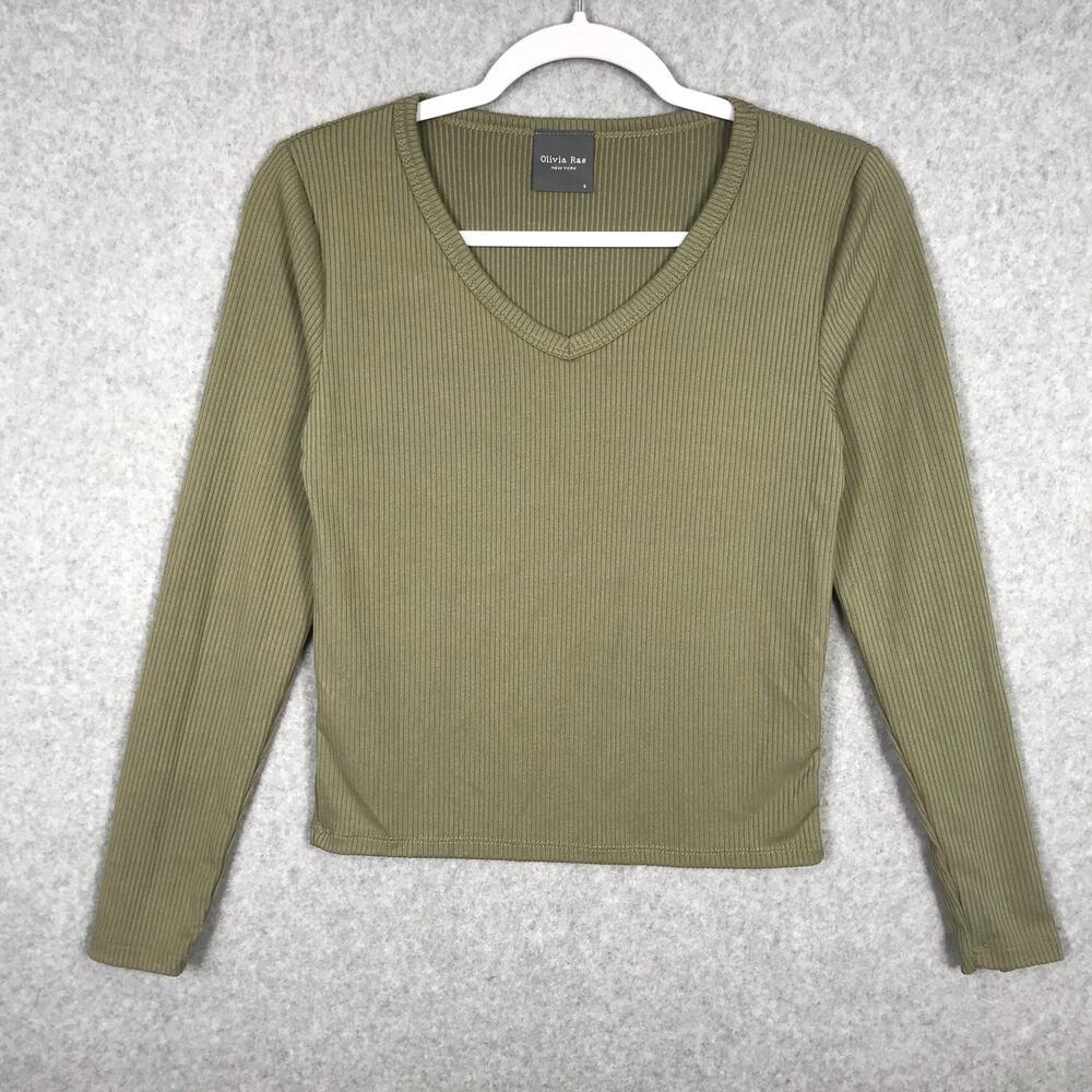 Olivia Rae Top Womens Small Green Crop Ribbed Shirt Basic Minimal Y2K Yoga